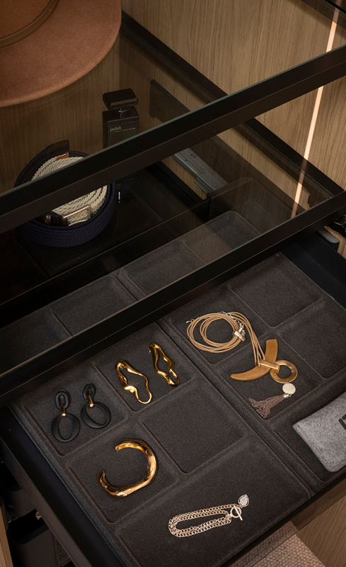 Pull out jewellery tray inside Adam and Jolene’s Nordic Oak wardrobe