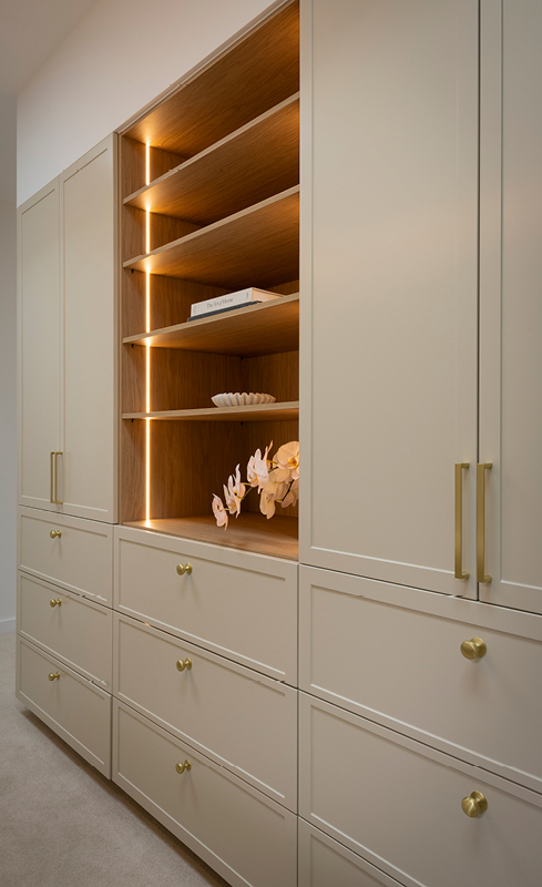 Nordic Oak open wardrobe shelving with integrated LED lighting