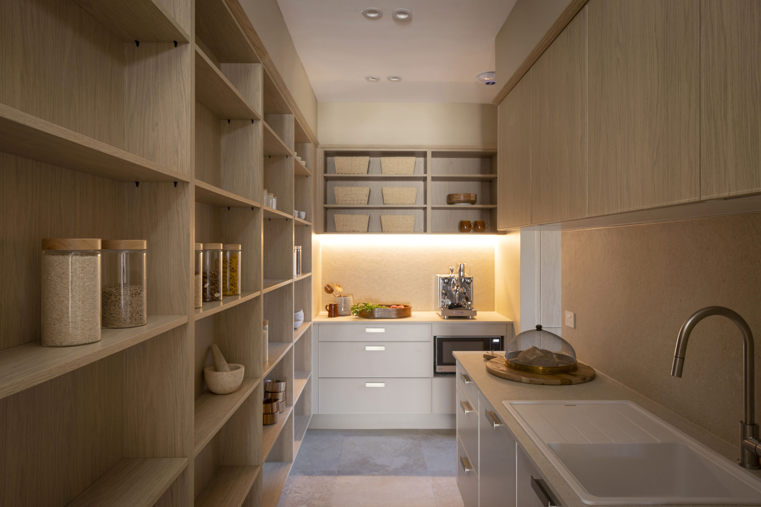 H3 BRITT & TAZ Pantry MA211 RET Walk in butler's pantry with open shelves, pantry cupboards and bench space